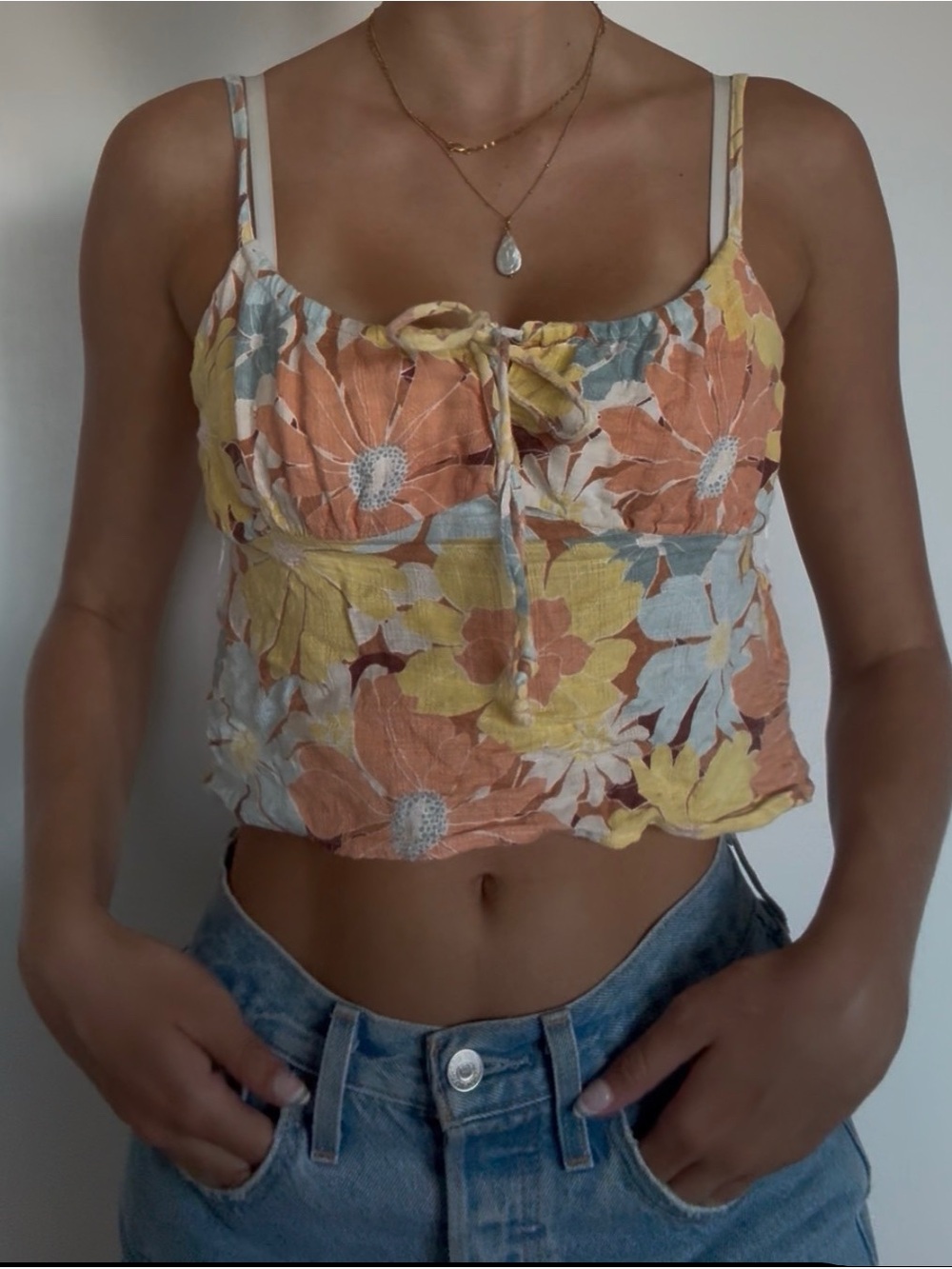 Rip Curl Floral Tie-Front Crop Tank Top - Yellow Orange Blue